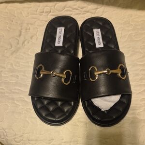 Steve Madden Black Slides with Gold Buckle
